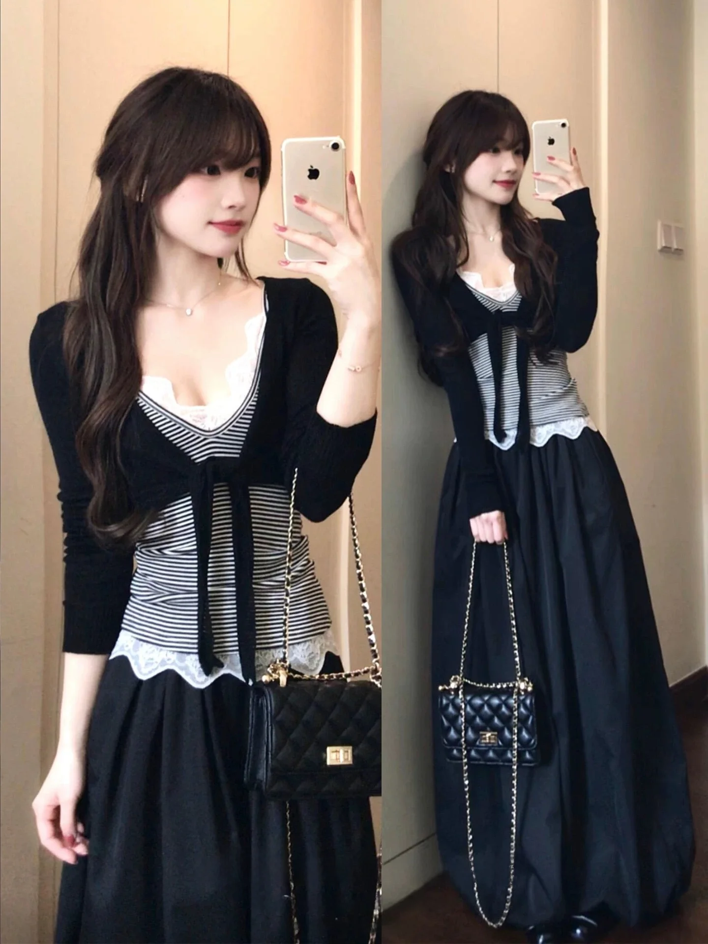 

2026 Summer Fashion V-Neck Lace Splicing Striped Long Sleeve Open Cardigan Women's Skirt Three-Piece Set Breathable Polyester