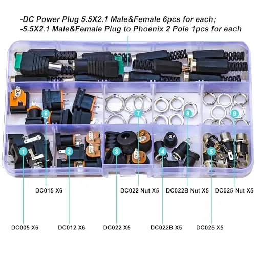 DC Power Jack Connector Assorted Kit, 5.5 x 2.1mm DC Power Supply Jack Socket DC005 DC012 DC015 DC022 Assortment (DC-Power-Kit)