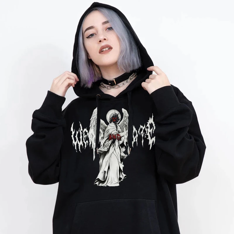 Ulzzang Demon Horror Print Harajuku Эстетическая женская толстовка Уличная одежда Винтажная толстовка в стиле хип-хоп Kawaii Goth Punk Куртка Топы
