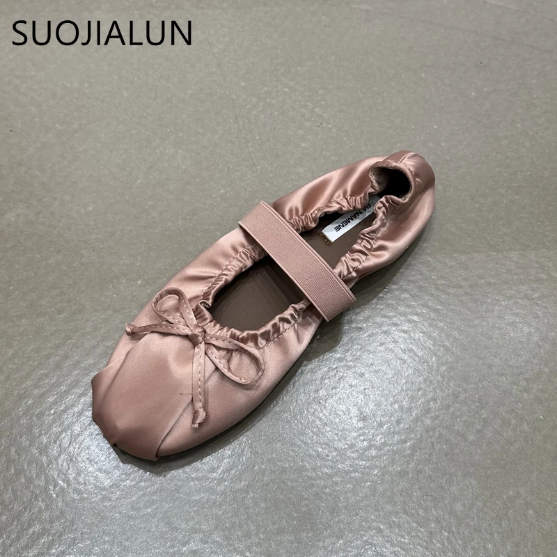 SUOJIALUN 2024 Autumn Women Flat Shoes Ladies Elegant Pleated Ladies Elegant Shallow Slip On Ballerinas Shoes Soft Flat Dress Bo