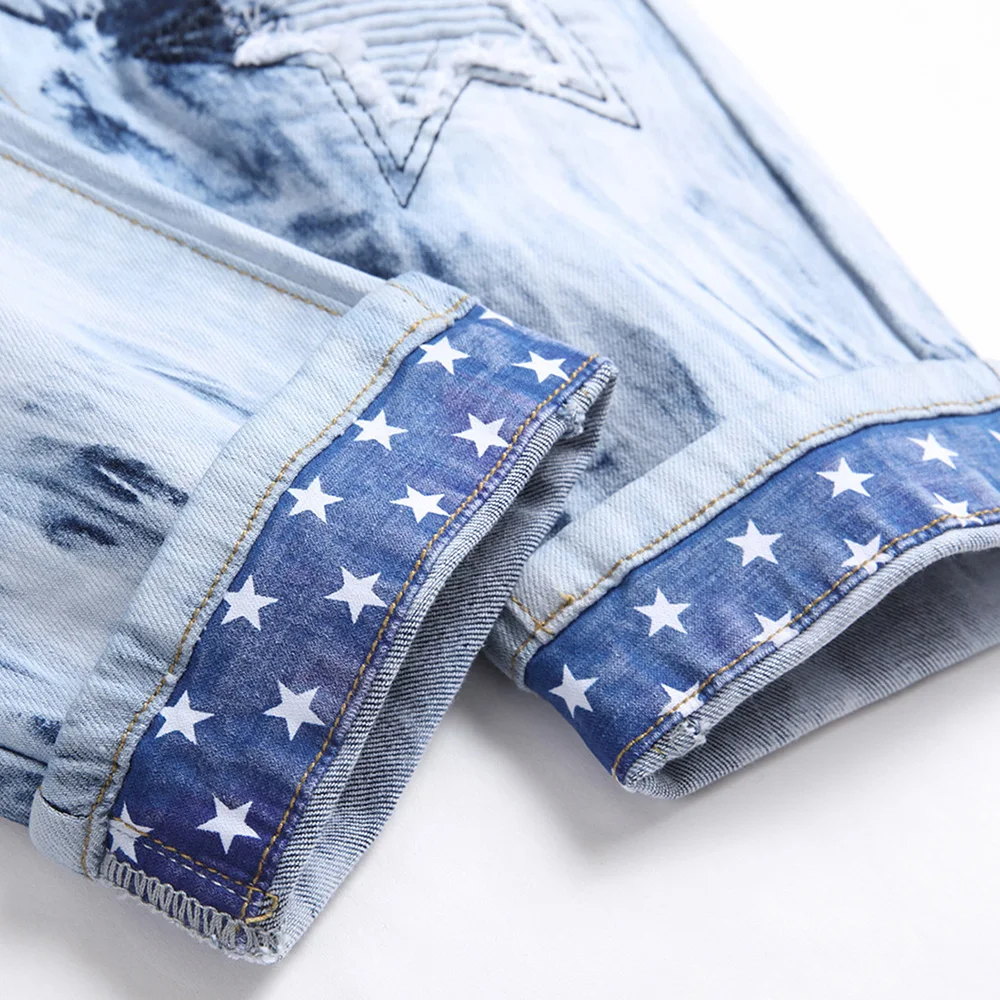 Men Pleated Stars Patch Jeans Tie and Dye Stretch Denim Pants Streetwear Printed Hem Slim Straight Trousers