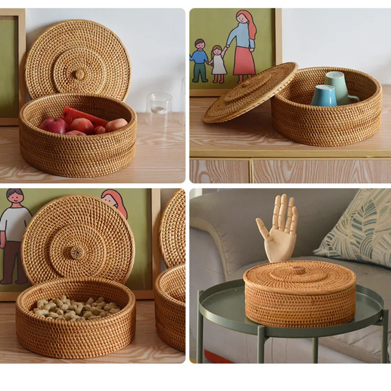 Autumn Rattan Hand-woven Storage Basket Pu'er Tea Storage Box Living Room Coffee Table Things Storage Box Eco-Friendly Organizer