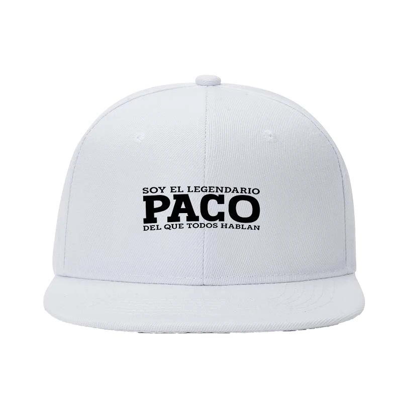 Men Women Unisex White Flat Brim Snapback Cap Soy El Legendario Paco Spanish Slogan Letter Graphic Hat Latino Casual
