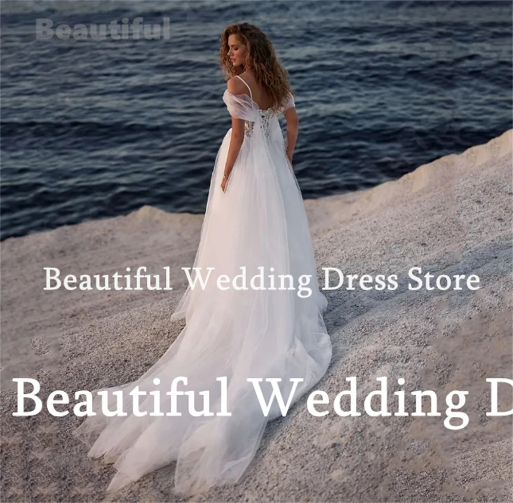 2024 Beach White Wedding Dress For Women Sweethear Neck Spaghetti Strps Lace Appliques Vestidos New A-Line Tulle Bridal Gown