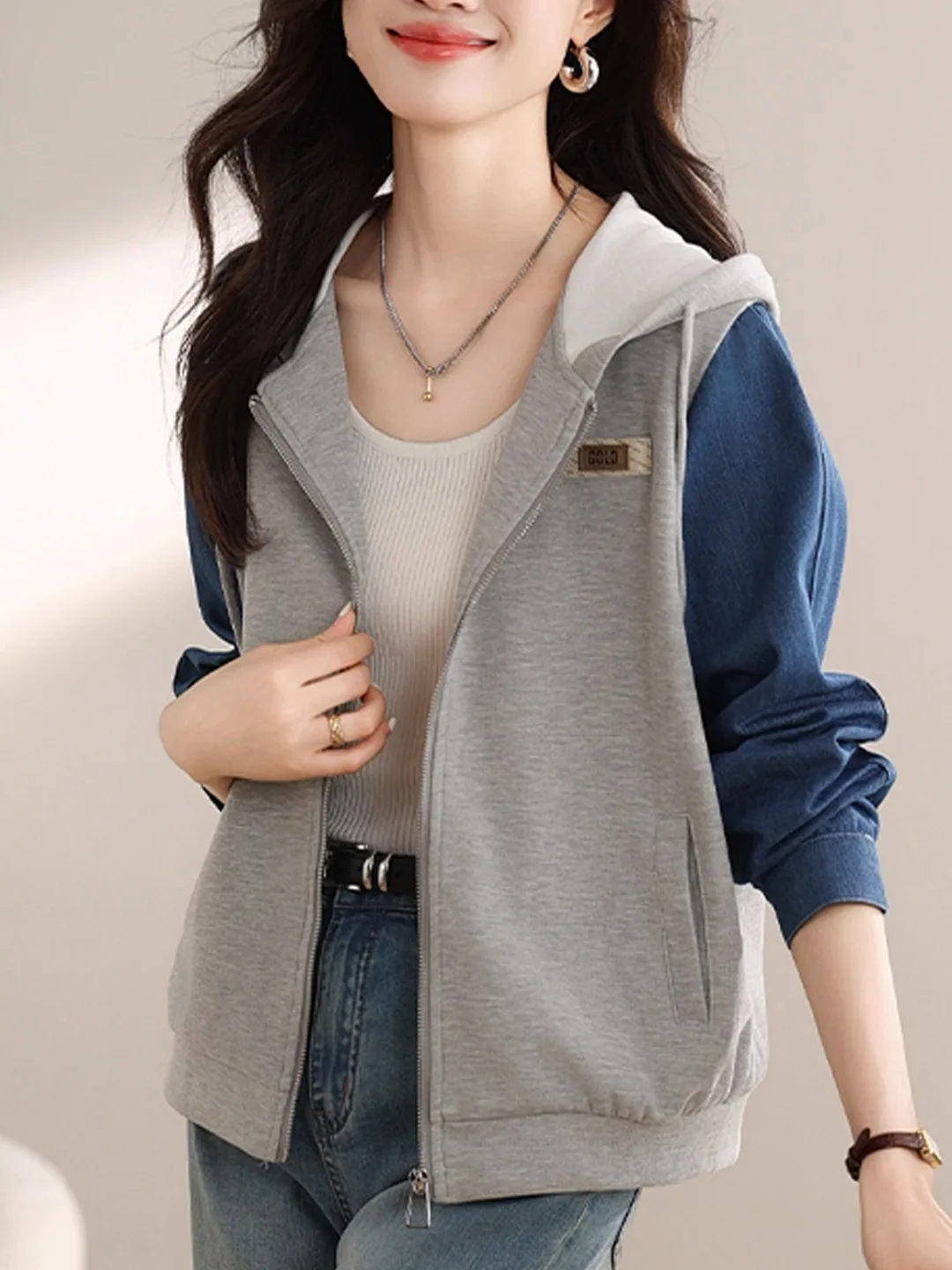 

Женская свободная укороченная куртка-кардиган с капюшоном из денима в стиле пэчворк, на молнии, с длинными рукавами, универсальная осенняя верхняя одежда, стильный топ