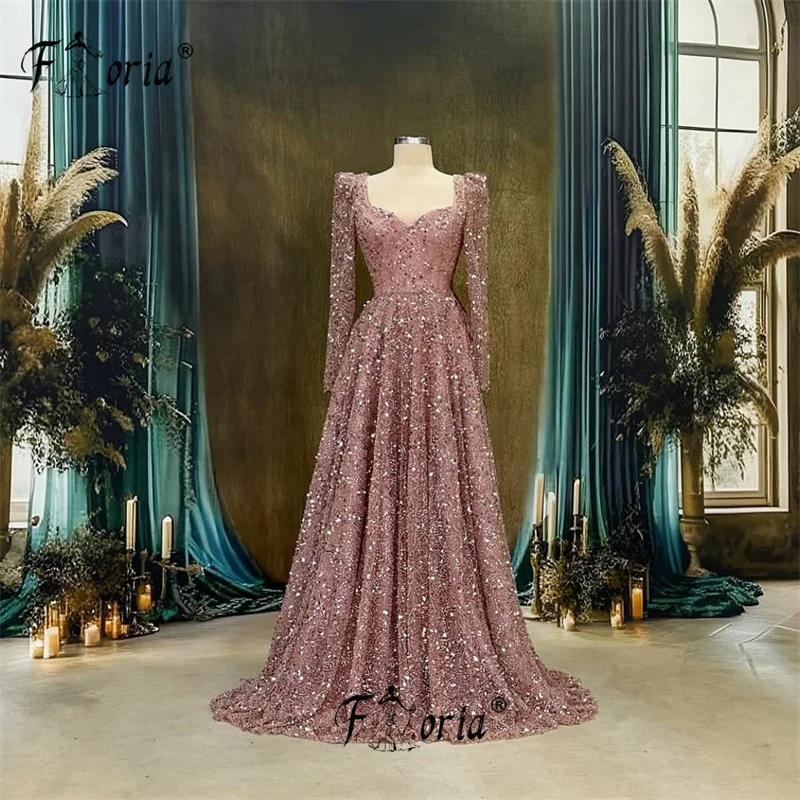 Nude Pink Dubai Woman Formal Evening Dress Shimmering Beads Sequined A Line Special Occasion Gowns vestido de noche Party Dress