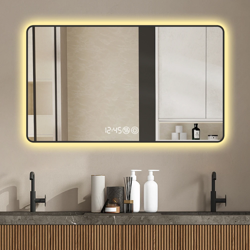 48x32 Black frame wall mirror  with rounded corners vanity mirror, temperature display, tri color light, defogging, high-quality