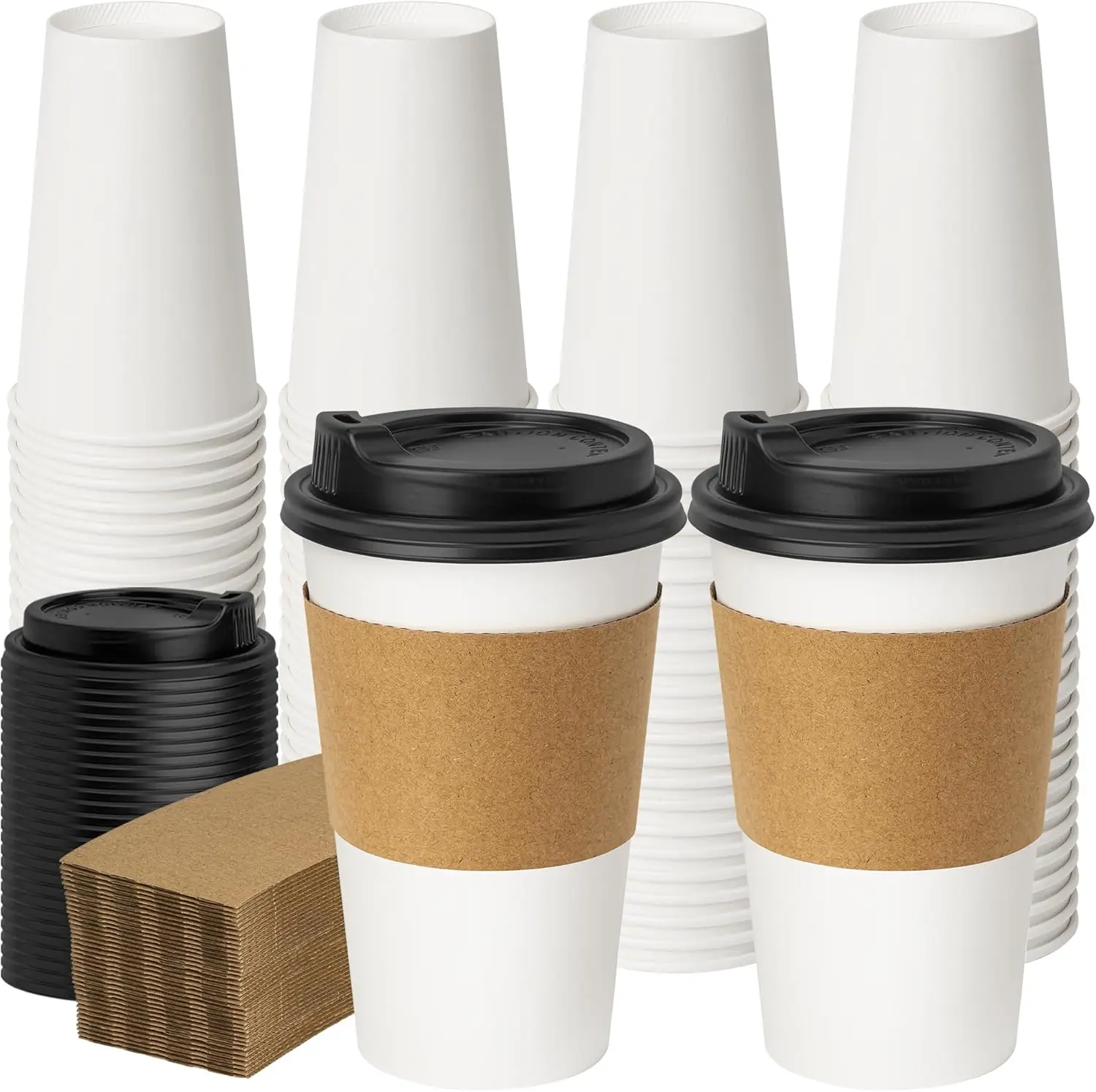

16 oz Disposable Coffee Cups with Lids & Sleeves, 50 Pack, Leak-Proof, 300gsm Paper for Hot Drinks