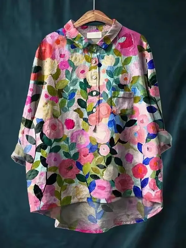 เสื้อเชิ้ตแขนยาวพิมพ์ลายดอกไม้สวมใส่สบาย เสื้อเชิ้ตแฟชั่นลําลองทุกวัน เสื้อติดกระดุมมีกระเป๋า