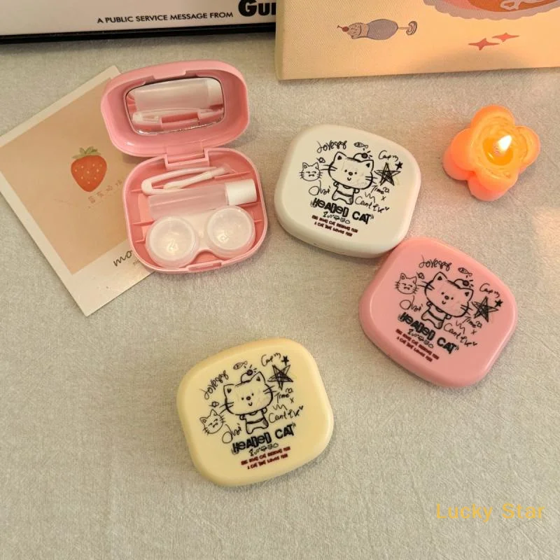 

Cute Contact Lens Box With Tweezer Mirror Set Beauty Pupil Eye Care Storage Box Travel Easy Carry Storage Container
