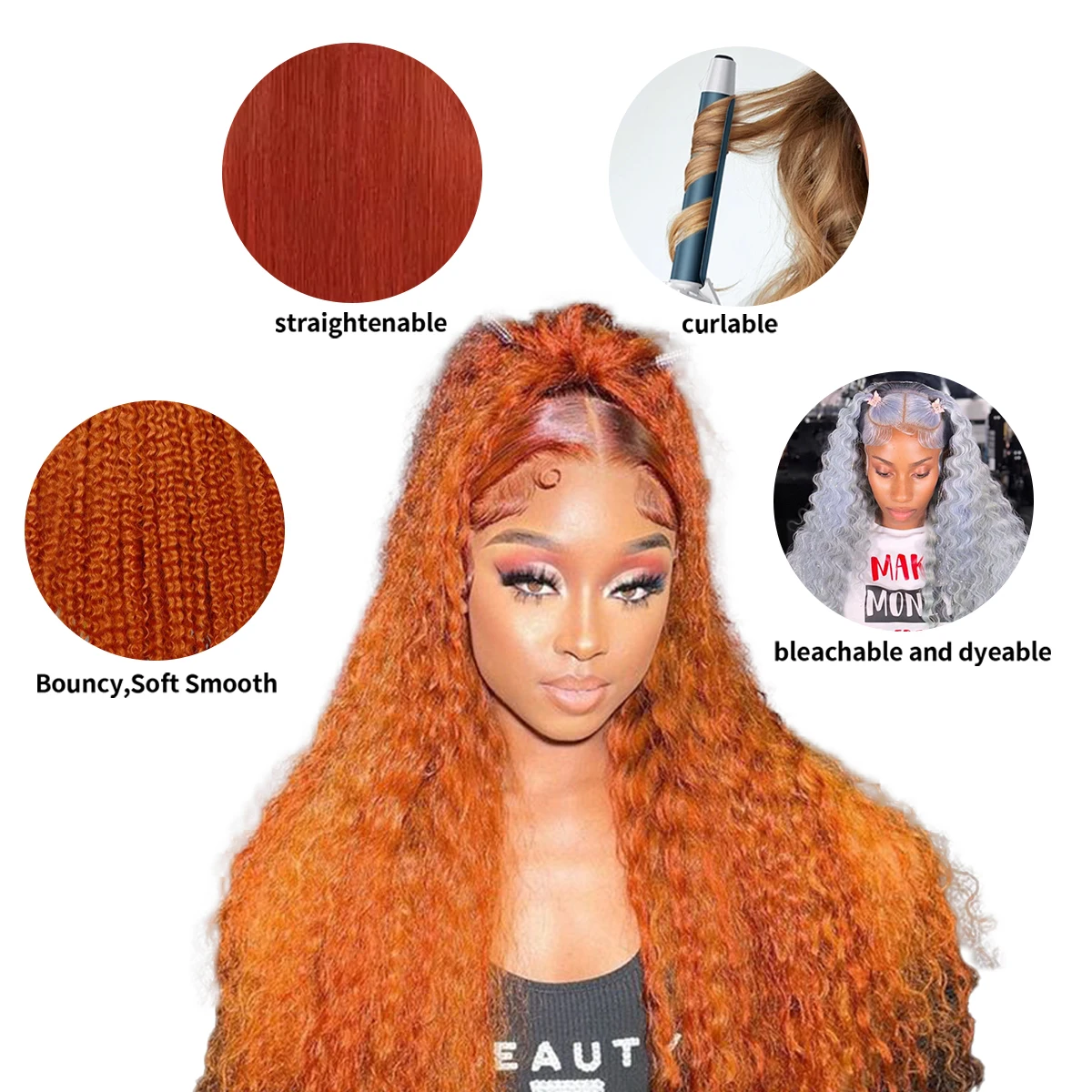 30 Inch Orange Ginger Human Hair Wig 5x5 Deep Wave Human Hair Wigs 250 Density Brazilian Remy Colored Lace Frontal Closure Wig