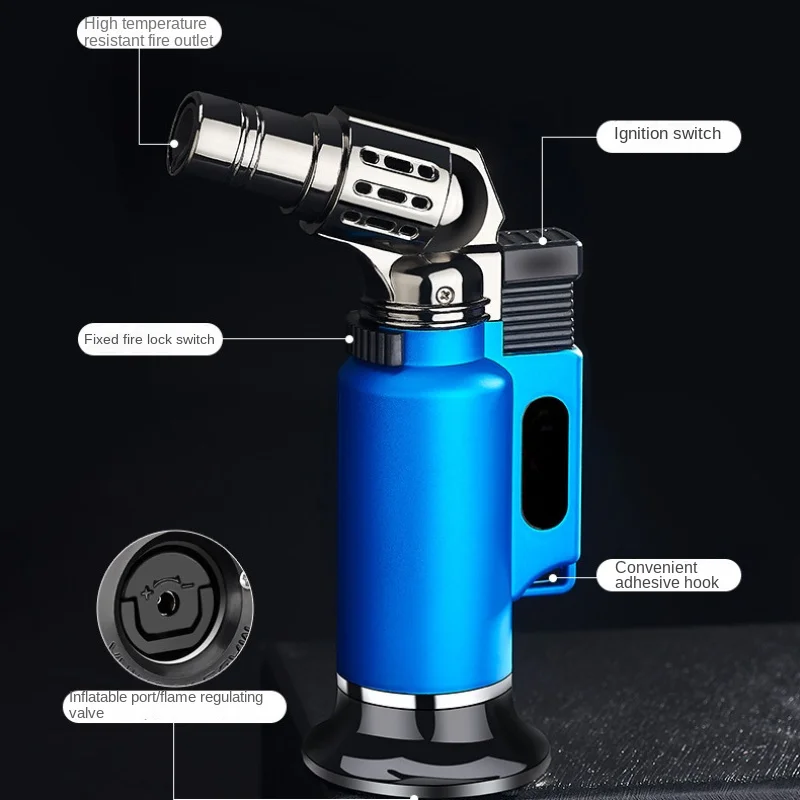 Metal Direct Injection Gun Windproof Blue Flame One Button Flame Locking Butane Gas Lighter Outdoor BBQ Kitchen Cigar Lighter