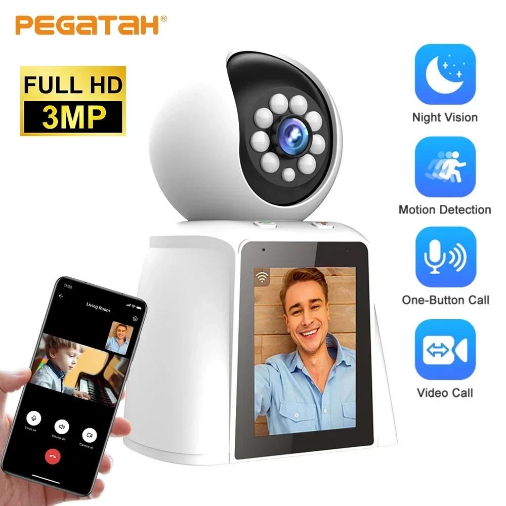 

PEGATAH 3MP Video Calling Smart Wifi Camera with 2.8 Inch IPS Screen Indoor Baby Monitor Auto Tracking Wireless Security Cameras