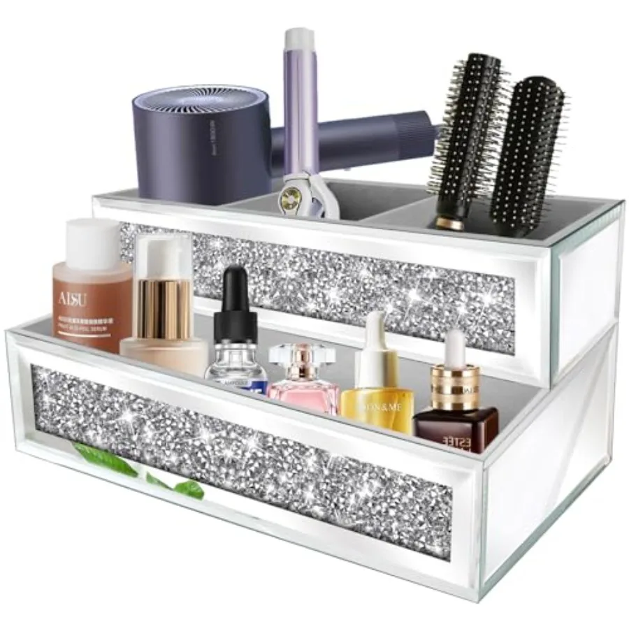 

Mirror Hair Dryer Holder Upgrade Crystal Crush Diamond Hair Tool Organizer Wall Mount. Silver Bathroom Cabinet Tray for Blow Dr