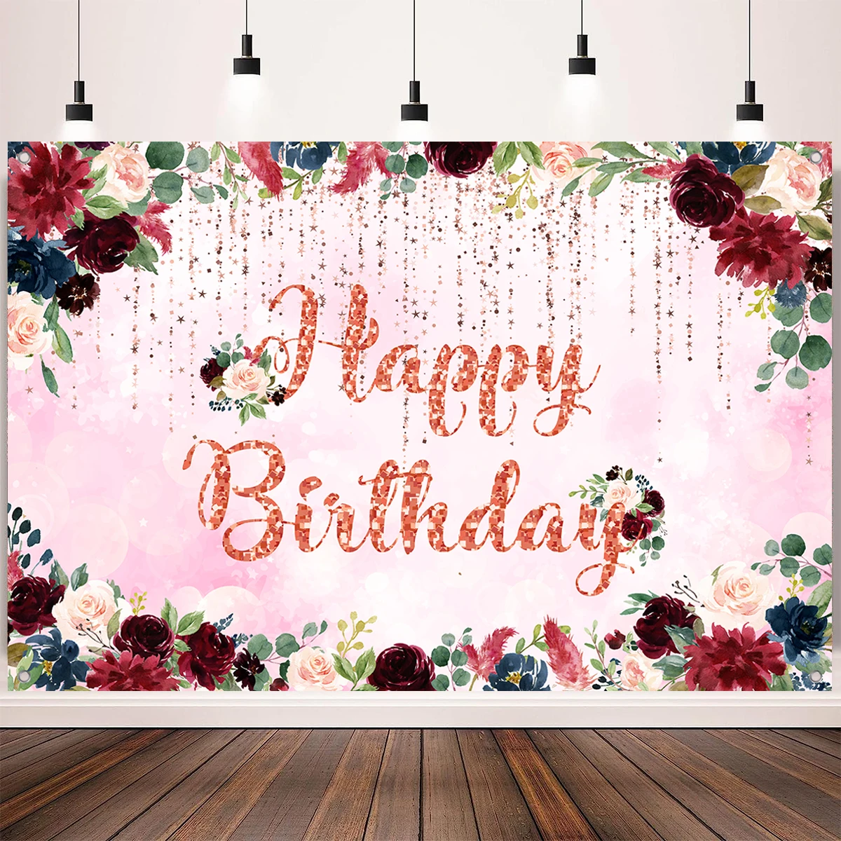 

Happy Birthday Birthday Floral Backdrop Gold Glitter Photo Booth Hanging Flag Happy Birthday Background Banner Party Decorations