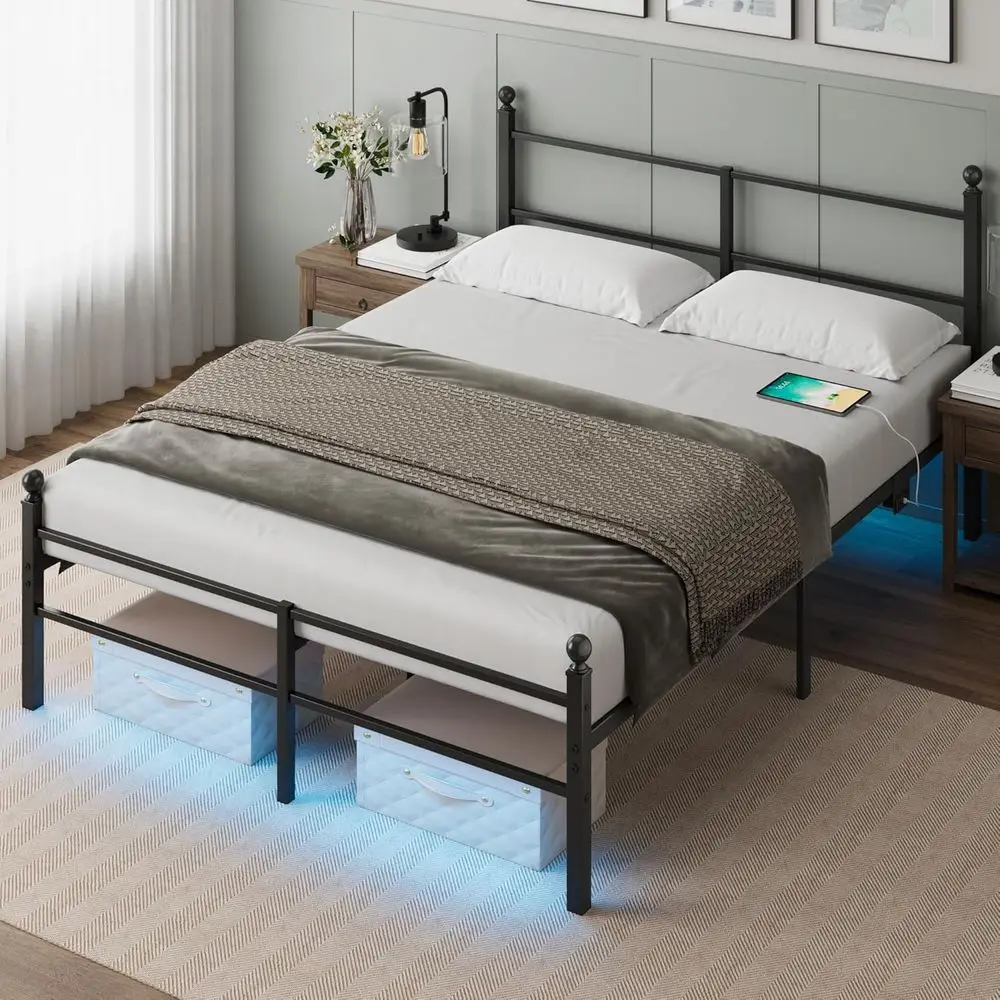 Cama Plataforma de Metal Preto com Luzes LED, Estação de Carregamento, Armazenamento e Suporte de Ripas de Aço - Não Necessita de Box Spring