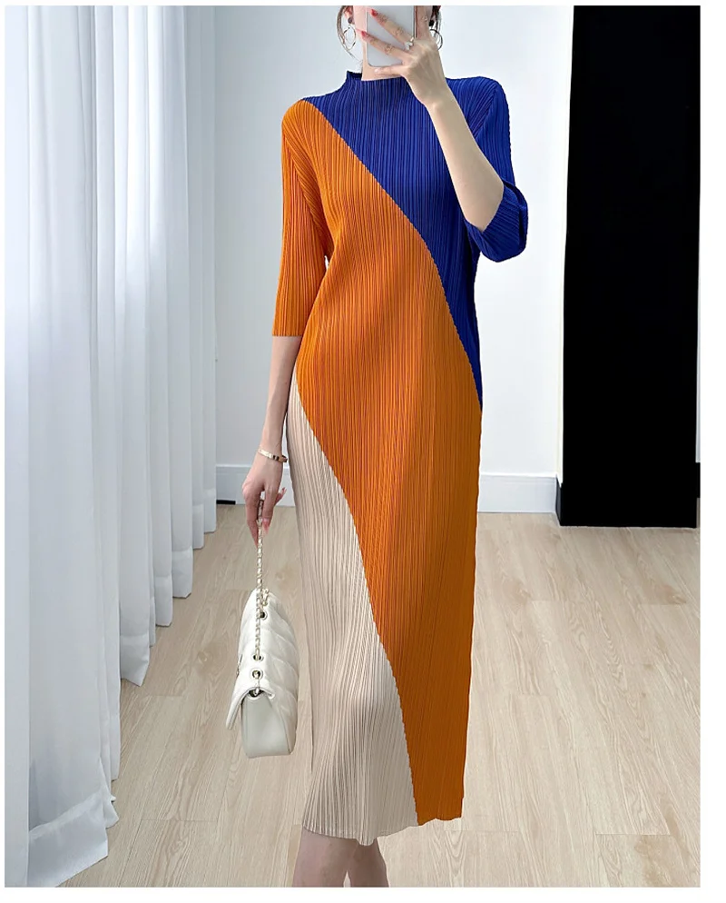 New Womens Dresses Summer High-end Fashion Loose Dress Stand Collar Contrast Medium and Long Pleated Large Size Straight Dress