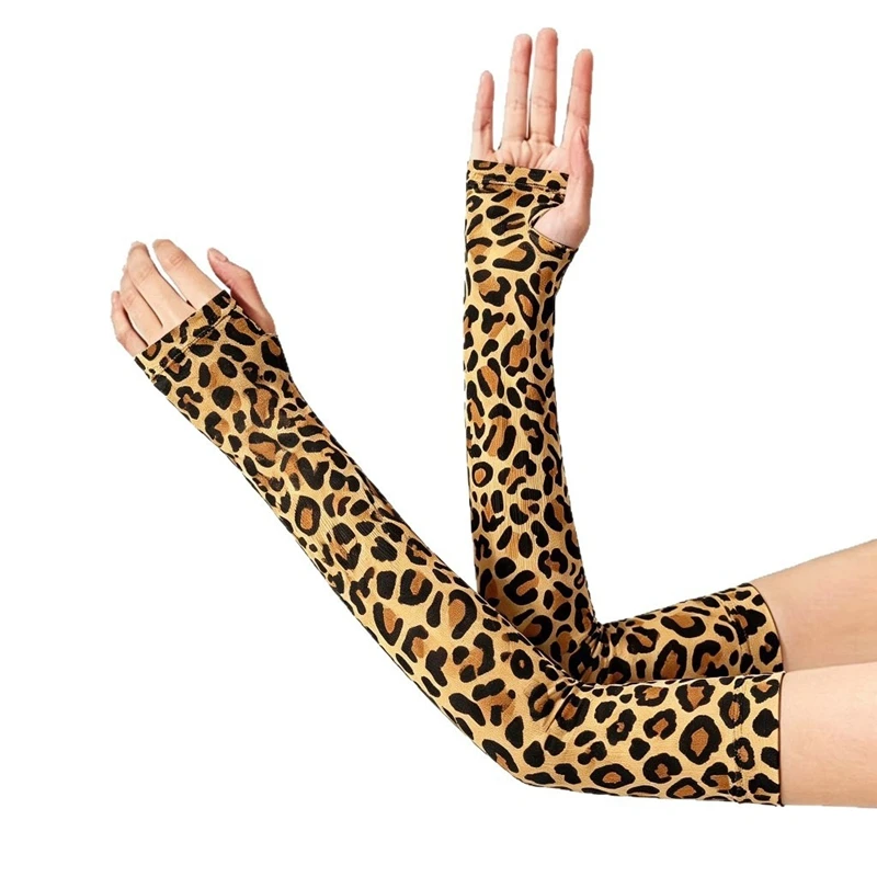 Fashion Leopard Long Fingerless Arm Sleeves Elastic Women Stage Performance Driving Party Cosplay Decor Gloves