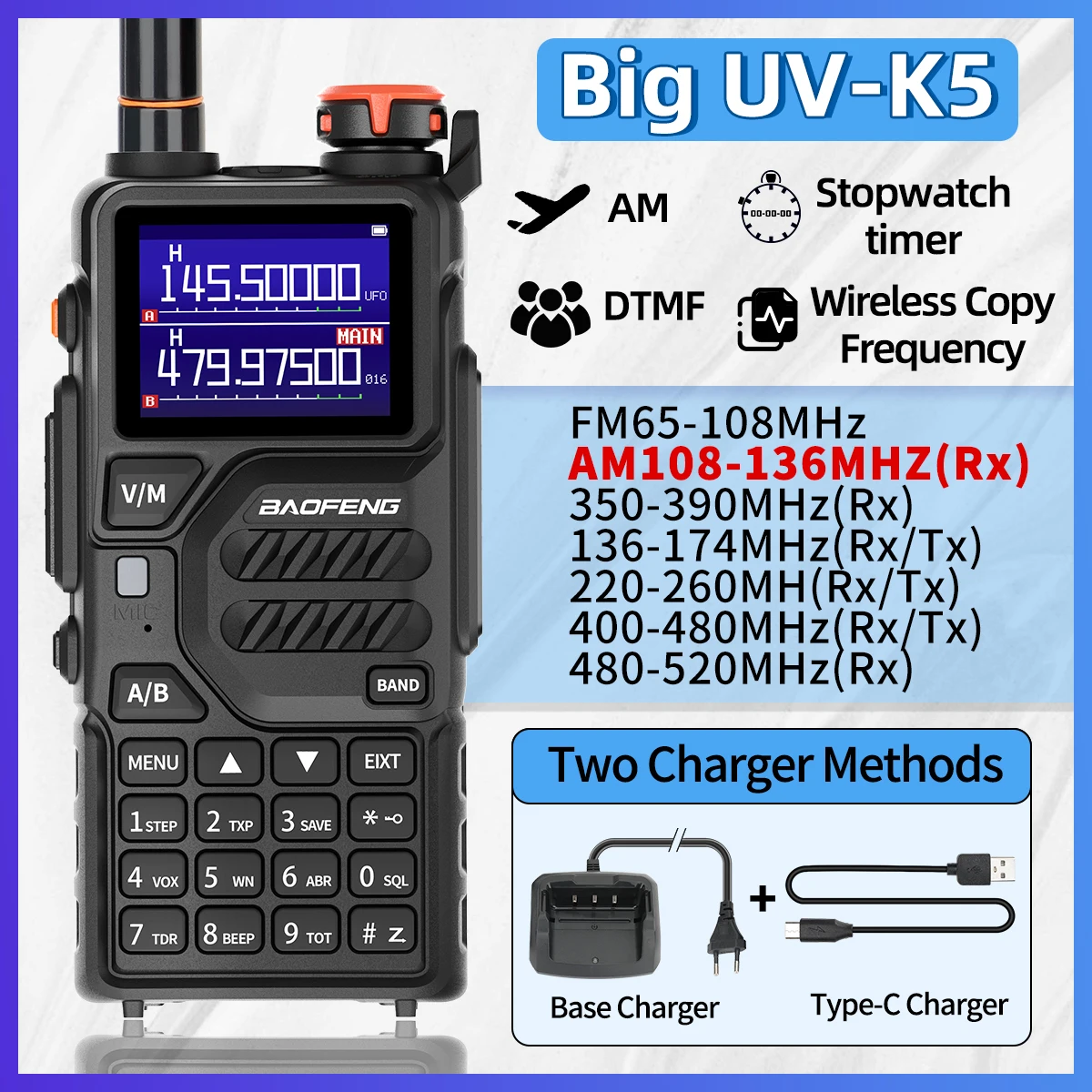 Baofeng UV-K5 Pro Air Band Walkie Talkie 12W Wireless Copy Frequency Type-C Charger AM FM Long Range Portable Ham Two Way Radio