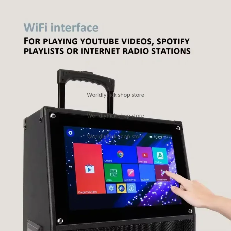 Multi-functional home theatre speaker 12 inch portable trolley karaoke speakers with android system 15.4 inch screen and mic