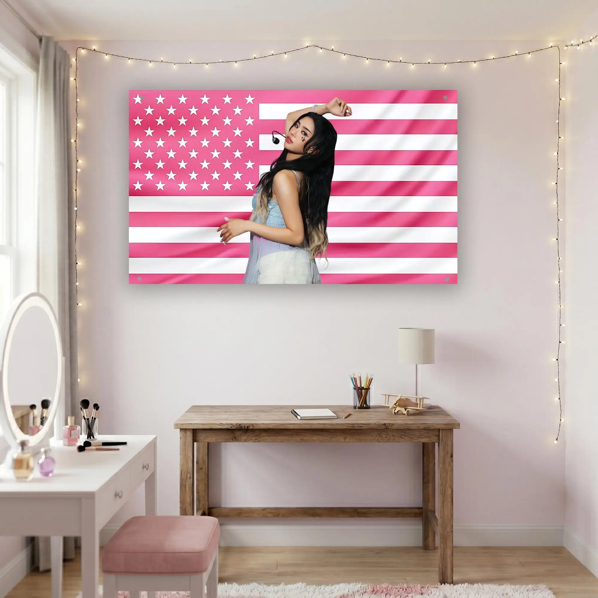 Pink American Flag Tapestry with Sophia KATSEYE Aesthetic, Pop Star Wall Hanging for Bedroom Living Room Dorm Decor Gift