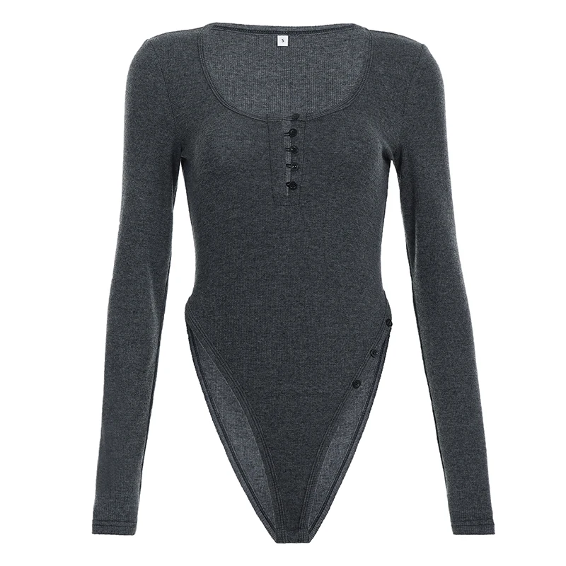 จั๊มสูทผู้หญิงเซ็กซี่ คอวี โชว์เนินอก สไตล์ Y2K สตรีทแวร์ แขนยาว ติดกระดุม บอดี้สูทลำลอง สีพื้น ชุดเที่ยวกลางคืน สไตล์โคเก็ต