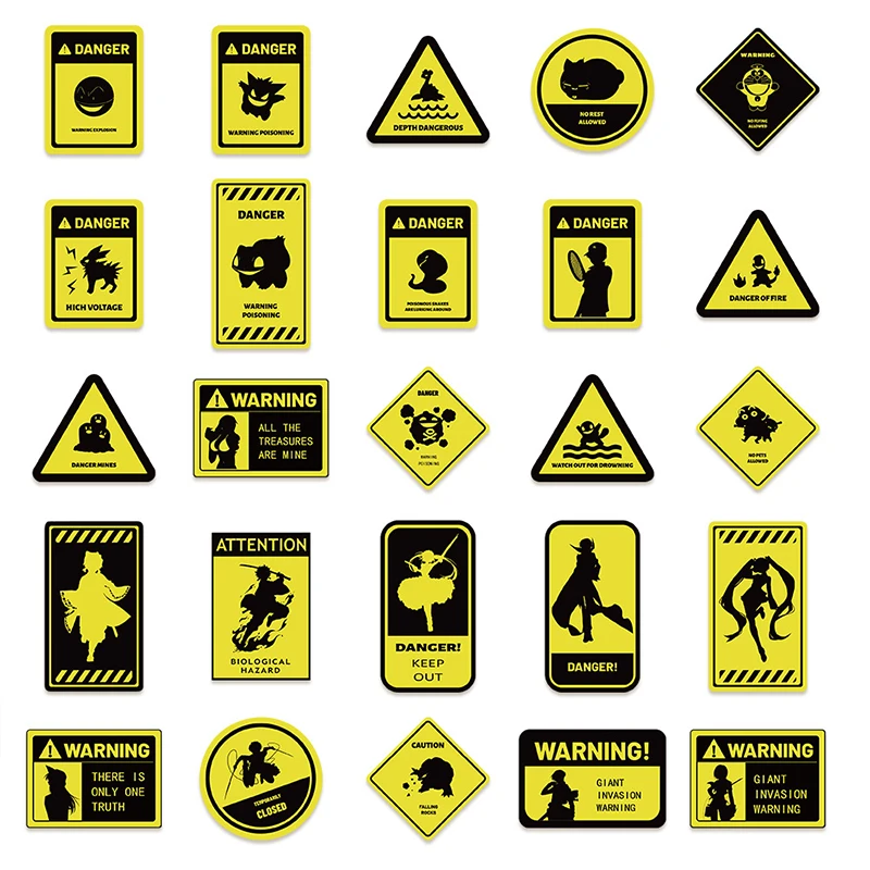 50PCS Anime Warning Signs Danger Banning Stickers Skateboard Guitar Laptop Motorcycle Helmet Luggage  DIY Waterproof Decals Toys