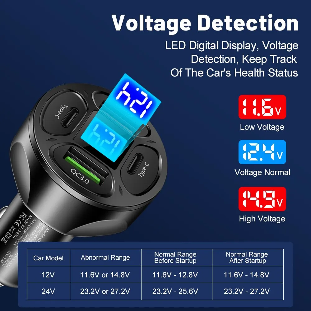 66W 4 Ports USB Car Charger Fast Charging PD Quick Charge 3.0 USB C Car Phone Charger Adapter For iPhone 13 12 Xiaomi Samsung