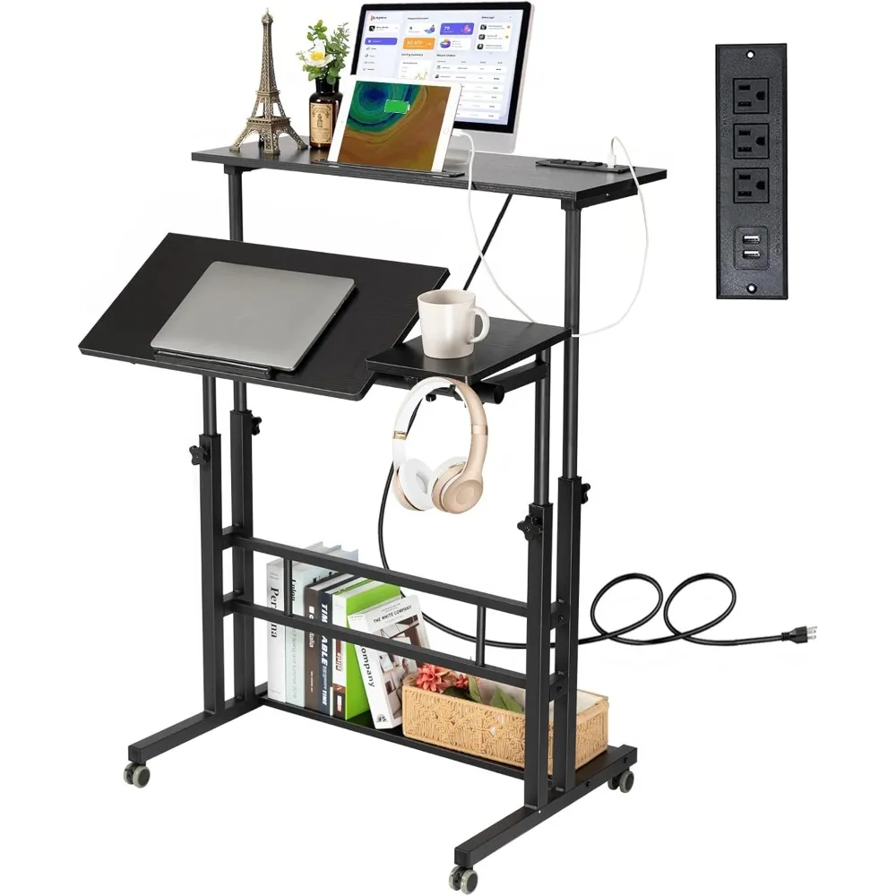 Altura ajustável Stand Up Desk, Mesa de rolamento, Mesa móvel com rodas e estação de carregamento, Mesa portátil