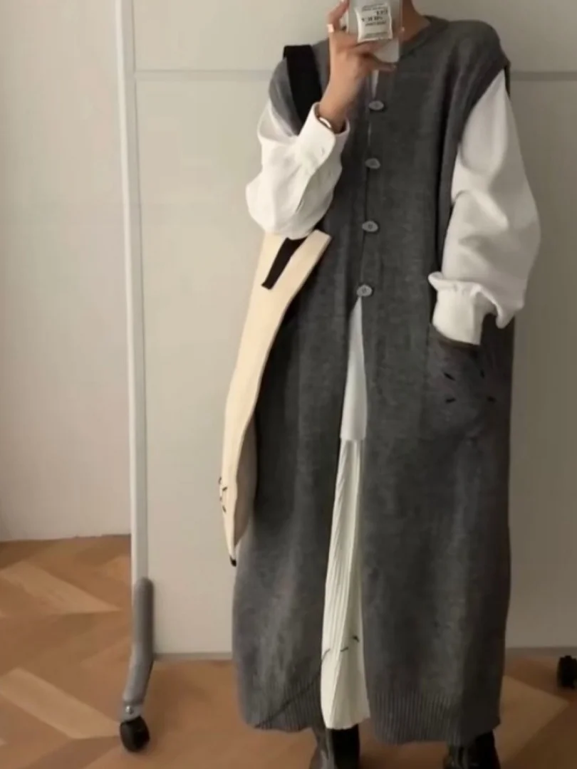 

Women's Knitted Vest Dr Single-Button Long Sve round Ne Pure Color Autumn Winter Loose Retro Simple Elegance Skater D...