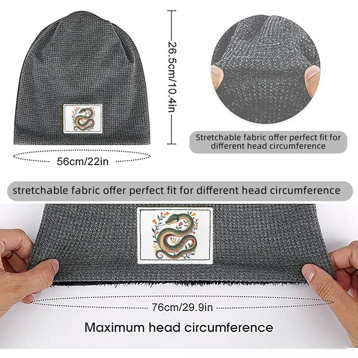 Botanical Serpent Nature Inspired Waffle Knit Fleece Lined Beanie with PU Leather Patch Unisex Warm Winter Soft Cap