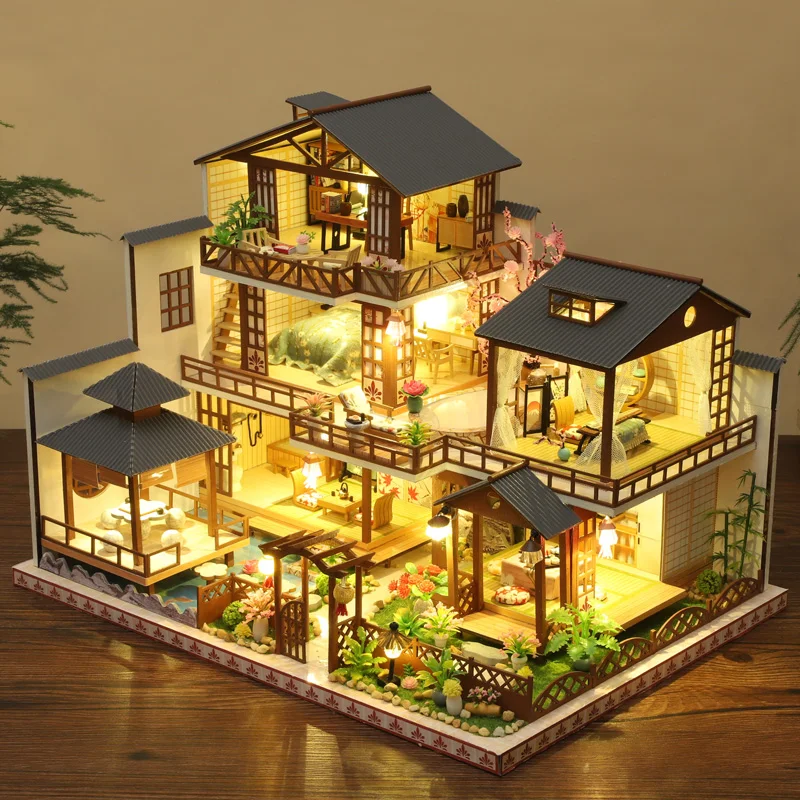 DIY Holz japanische große Casa Puppenhäuser Miniaturmodellbausatz Puppenhaus Villa mit Möbelbeleuchtung für Freunde Geburtstagsgeschenke