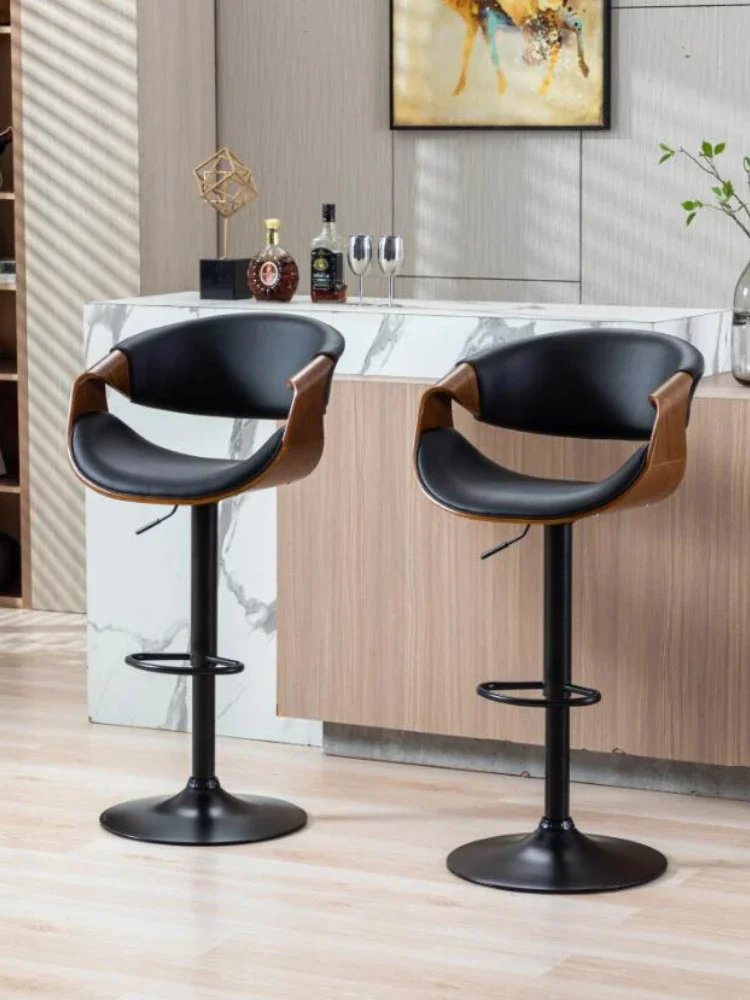 Adjustable Swivel Bar Stool, PU Leather Ecru Bent Wood Bar Chair Upholstered Seat Round Steel Base and Chrome Footrest