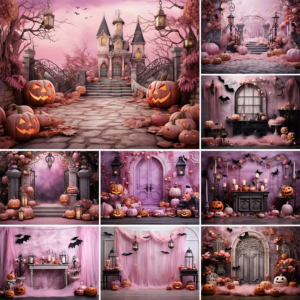 Mocsicka Halloween Photography Background Pink Castle Autumn Decoration Holiday Family Portrait Baby Birthday Background Banner