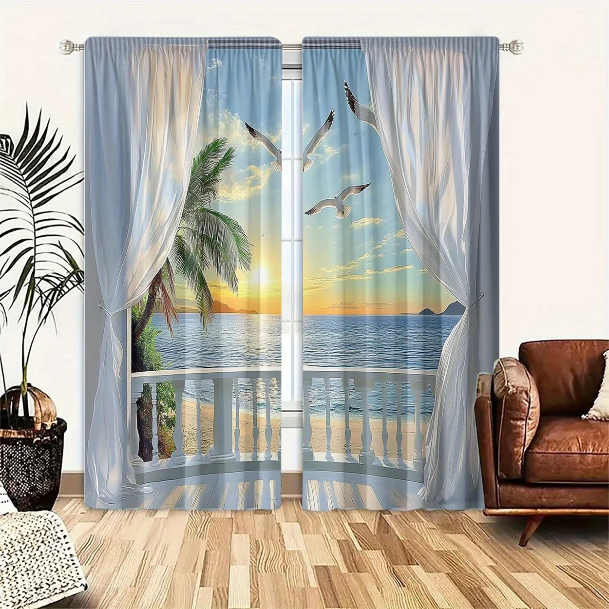 2PCS, Multicolor, Tropical Beach Sunset with Seagulls and Palm Tree Print Curtains, for Bedroom and Living Room