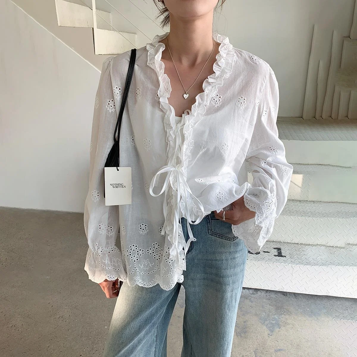 

Korean Sle Long Sve Lace irt Casual Sle Pure Color Cotton 00% Fungus Lace Tied Sved irt for Women