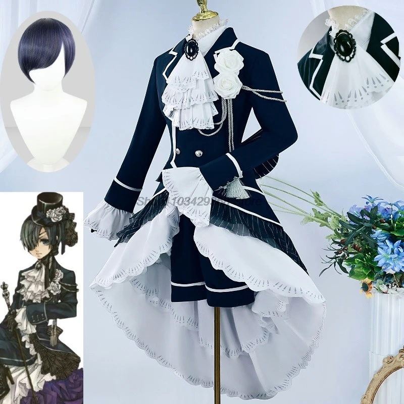 Ciel Phantomhive Cosplay Black Butler Costume Wig hat eye mask accessory prop Party fashionable new uniform set Roleplay Outfits