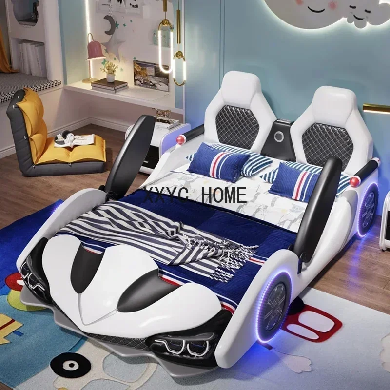 Factory Wholesale Double Creative Kids Car Bed Boy Cartoon Leather Single Bed with Guardrail Girl Children Racing