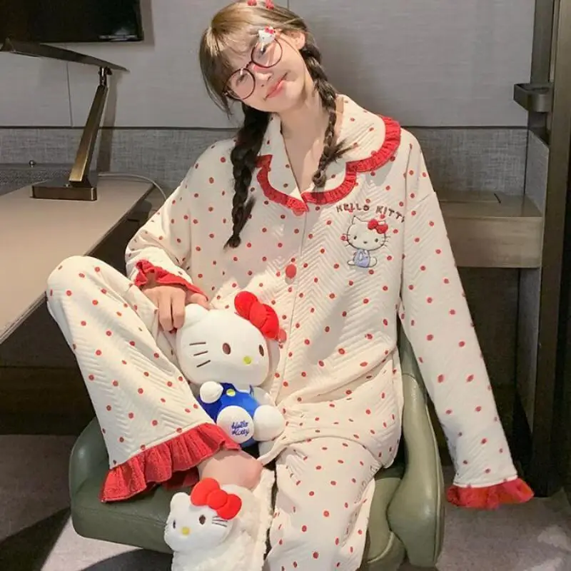 

2Pcs Kawaii Anime Print Women's Pajamas Sweet Girl Plush Warm Home Clothes Cartoon Cute Student Pajama Set Winter Warm Sleepwear