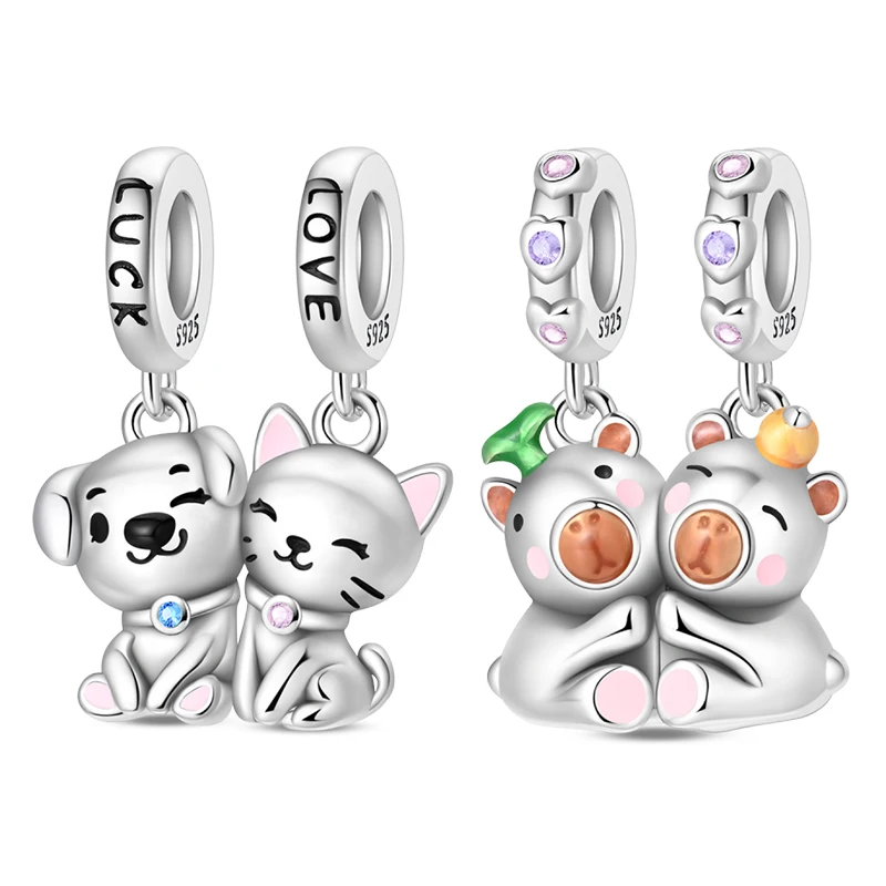 

Подвески-шармы из стерлингового серебра 925 пробы с капибарой, кошкой и собакой, с цирконами CZ, для оригинальных браслетов, DIY, для женщин, изысканные ювелирные украшения, подарки