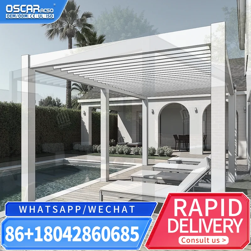 Motorized Windproof Outdoor Sunshade with Flipped Louvered Roof for Gardens Patios Backyards pergola