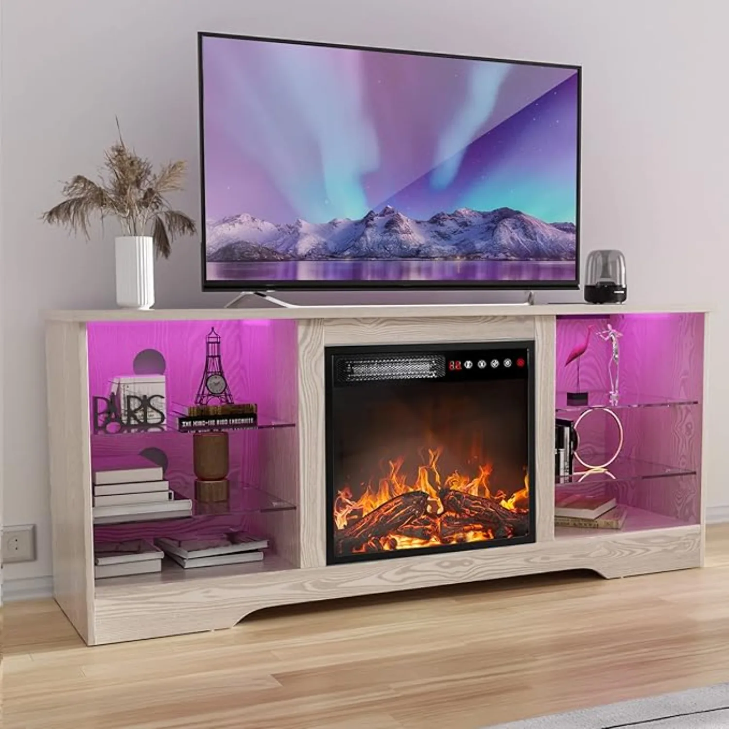 Kamin TV-Ständer mit 18 ''-Kamin, modernes Unterhaltung zentrum für Fernseher bis zu 70 Zoll, mit verstellbaren Glas regalen und Lagers chränken