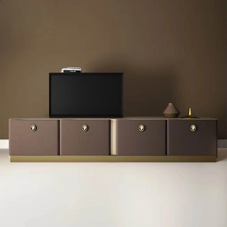 yt-Modern Luxury TV Cabinet with Four-door Storage, High-Quality Wood Brushed Metal Accents Living Room Entertainment Unit-