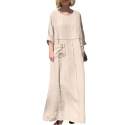 Women's Solid Color Elegant Dress Summer long Sleeve O-Neck Fashion Harajuku Cotton Linen Comfortable Loose Pocket Long Dress