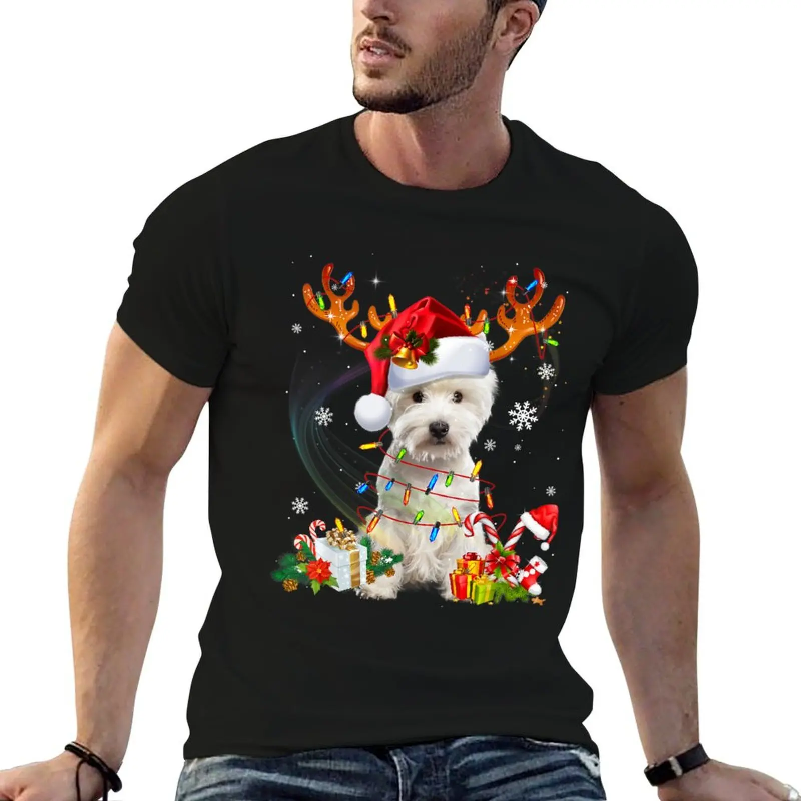 Westie Reindeer Christmas Lights Funny Dog Xmas T-Shirt Christmas Casual Tee Shirt
