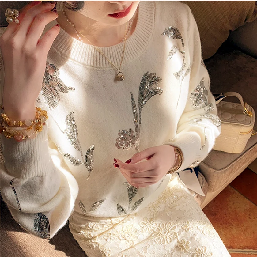 

Runway Women Winter Sweater Ladies Luxury Shinny Sliver Sequins Sweaters Flowers Knitted Autumn Pullovers Knitwear Tops NZ170