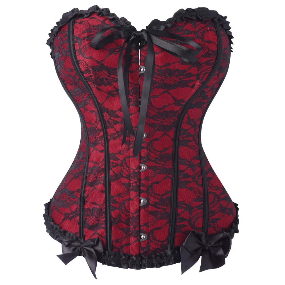 Women Red Black Lace Overlay Corset Bustier Strapless Sweetheart Ruffle Trim Front Hook Back Lace Up Gothic Vintage Top