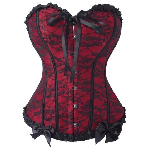 Women Red Black Lace Overlay Corset Bustier Strapless Sweetheart Ruffle Trim Front Hook Back Lace Up Gothic Vintage Top
