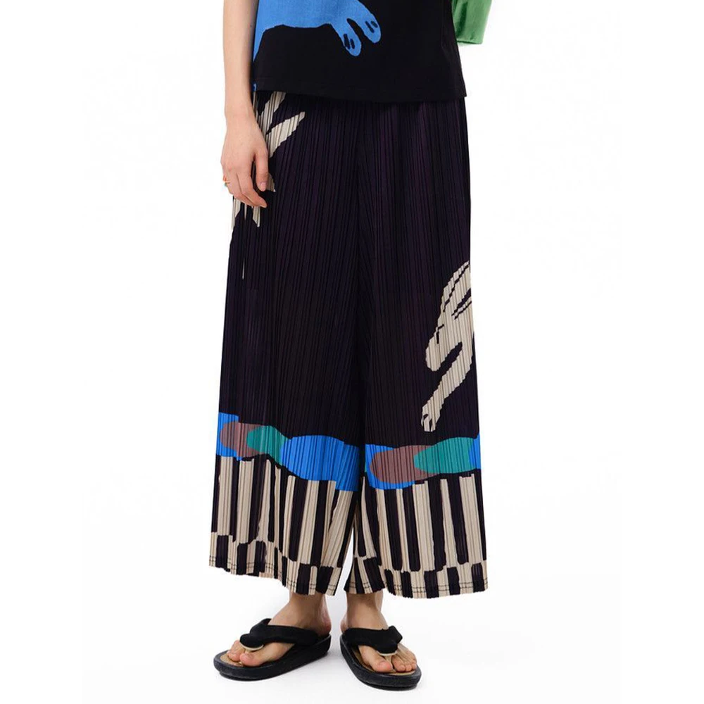 Pleated summer new FUN series elastic waist pocket fun printing casual straight-leg pants women trousers