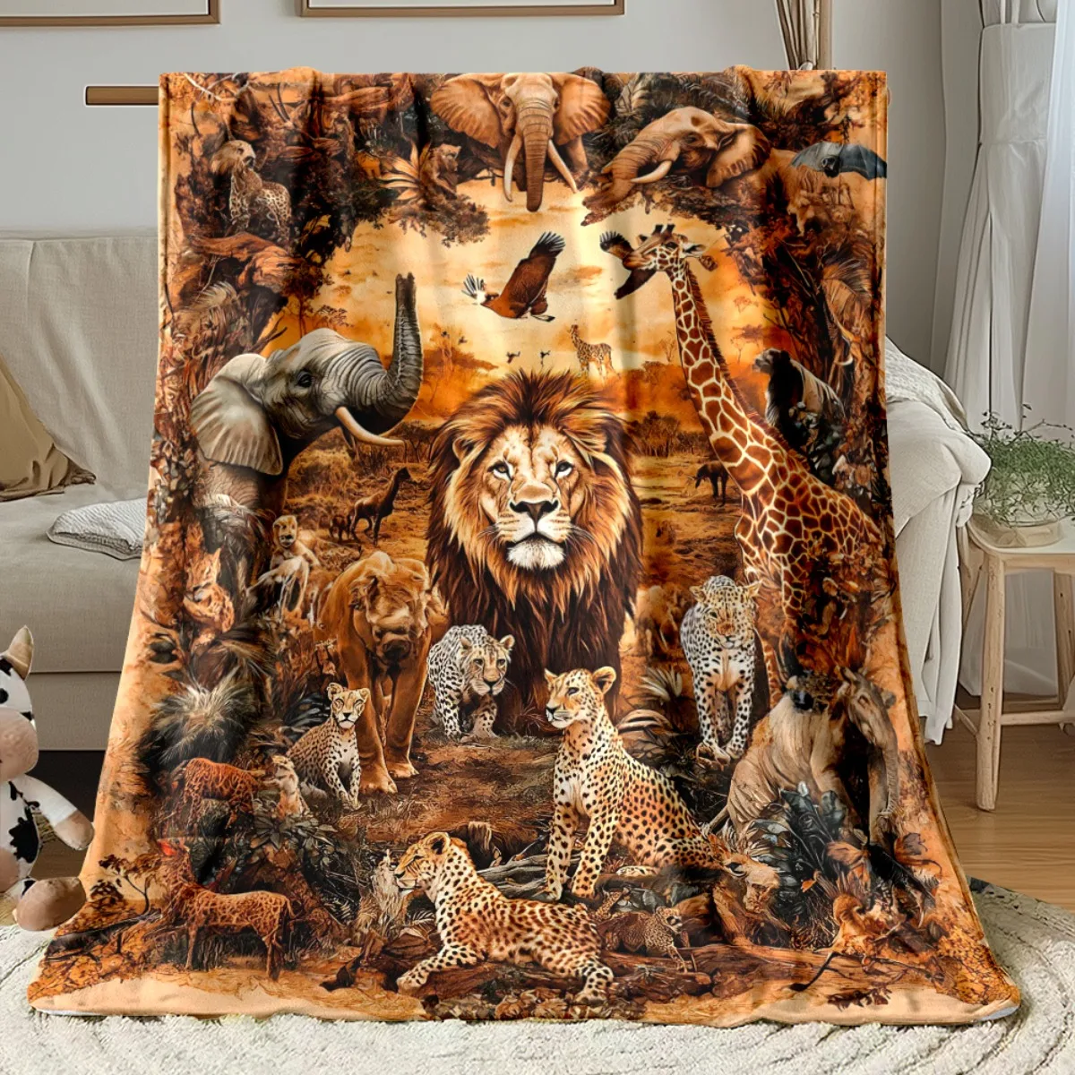African Safari Animals Blanket Lion Elephant Giraffe Fleece Throw Wildlife Nature Scene Soft Warm All Season Decor